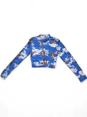 Blue & White Cloud Flying Angels Print Mesh Long Sleeve Crop Top